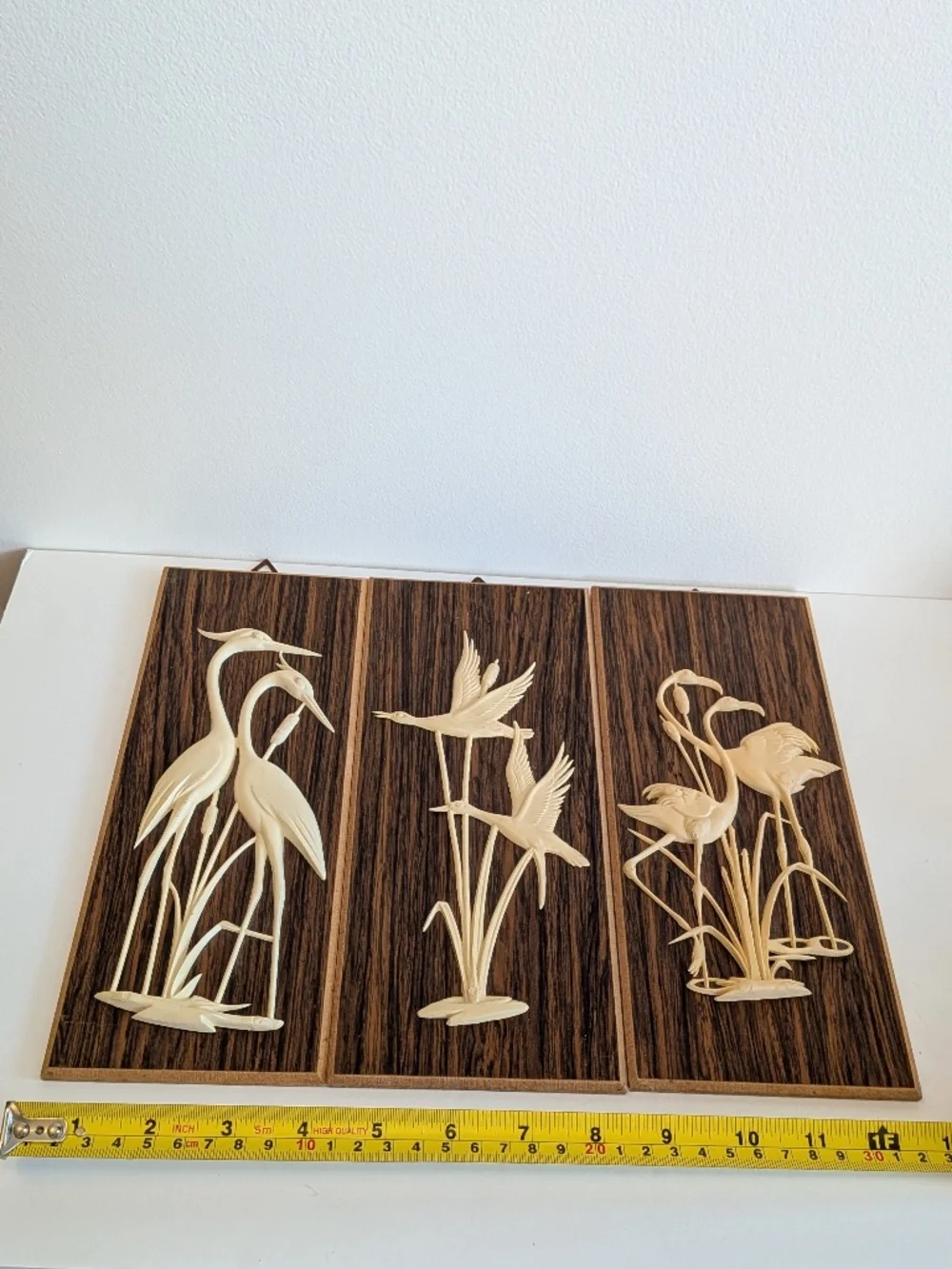 Vintage Bakelite carved Water Fowl on wood Wall Plaques  Set Of 3 Heron Geese